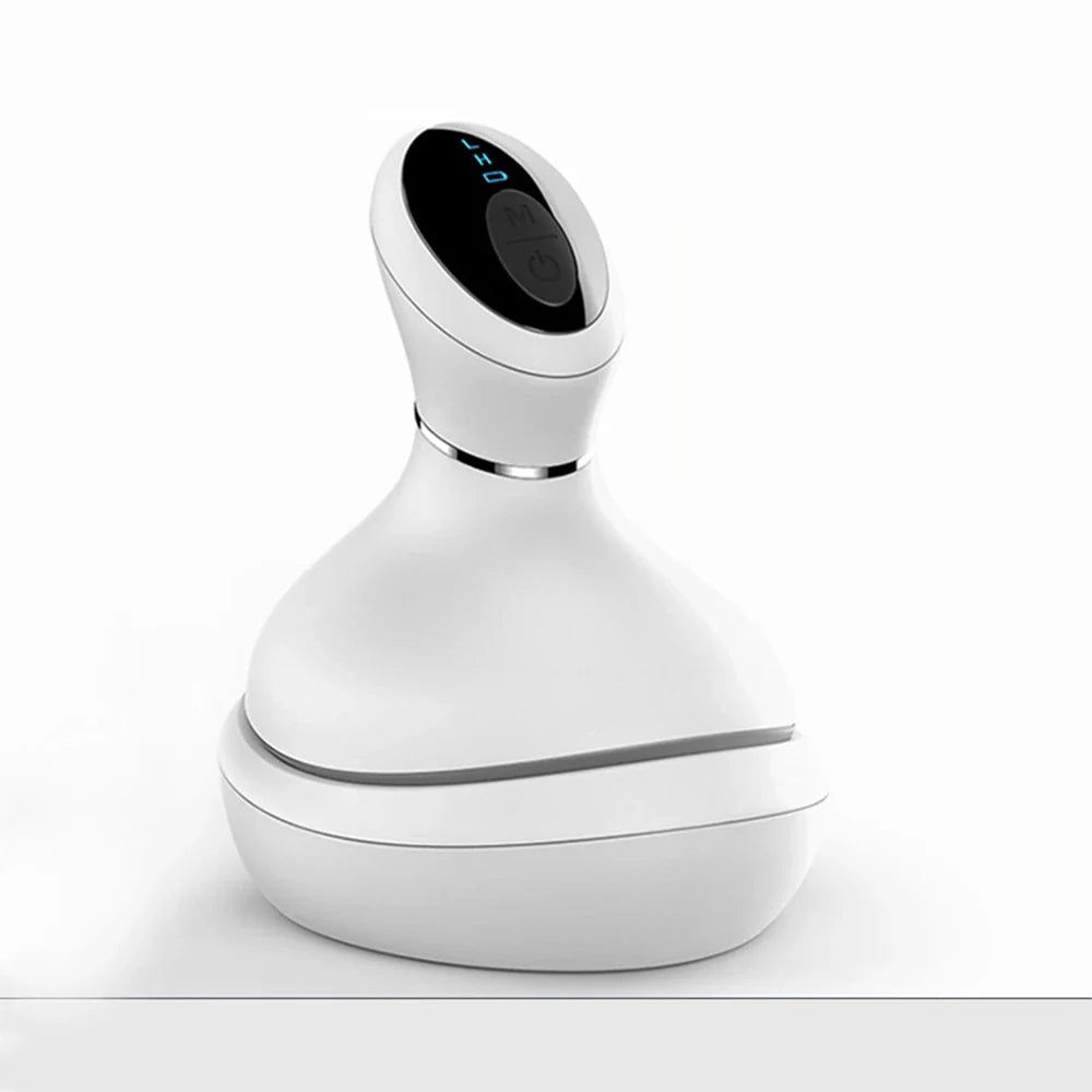 Fitlybuy white handheld smart scalp massager with digital control panel and sleek ergonomic design on white background.