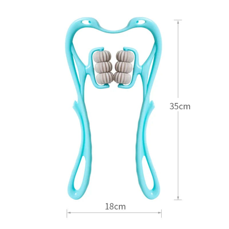 Light blue handheld neck massager with two grey rolling massage balls and 35cm x 18cm dimension labels.