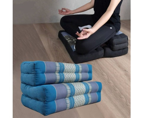 Fitlybuy 3-fold blue meditation cushion with traditional pattern, shown folded and in use for ergonomic floor sitting.