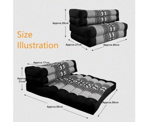Fitlybuy 3-fold meditation cushion in grey and black with tribal patterns and size dimension labels.