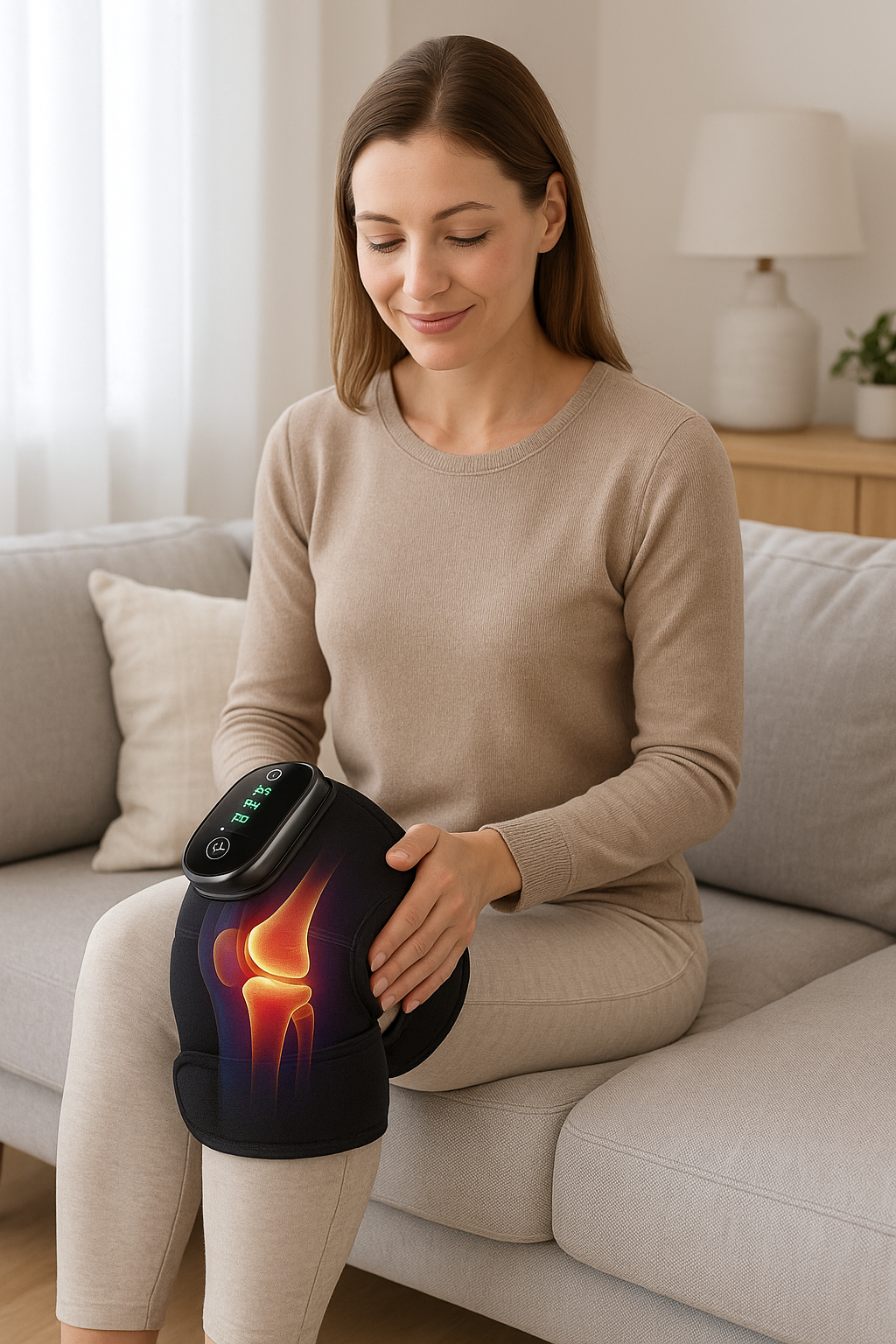 Woman on sofa wearing a black Fitlybuy 3-in-1 thermal knee massager with a glowing orange internal heat visualization.