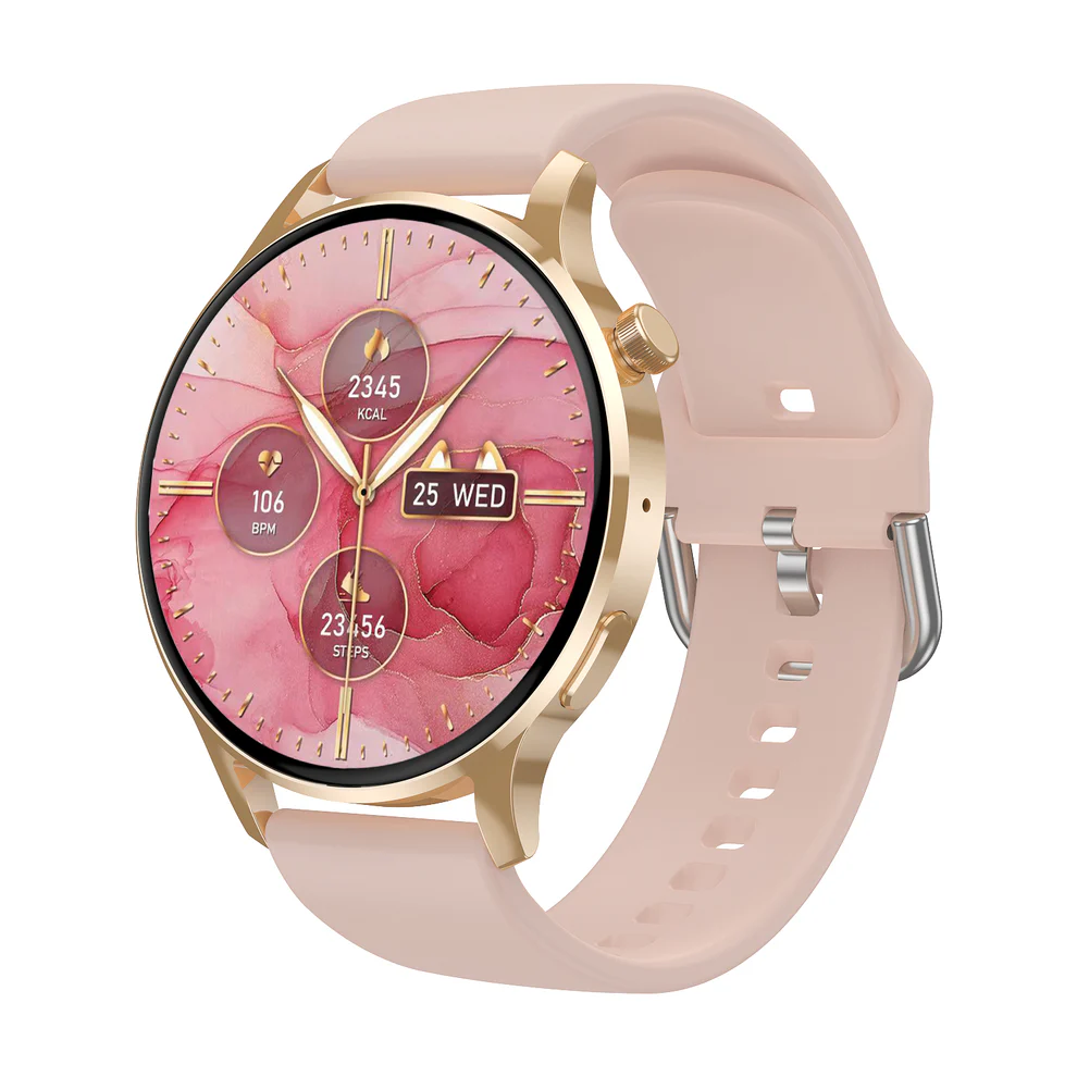 Fitlybuy Kexi-Life Watch 3 Pro: Gold smartwatch with pink band, circular digital face showing health metrics.