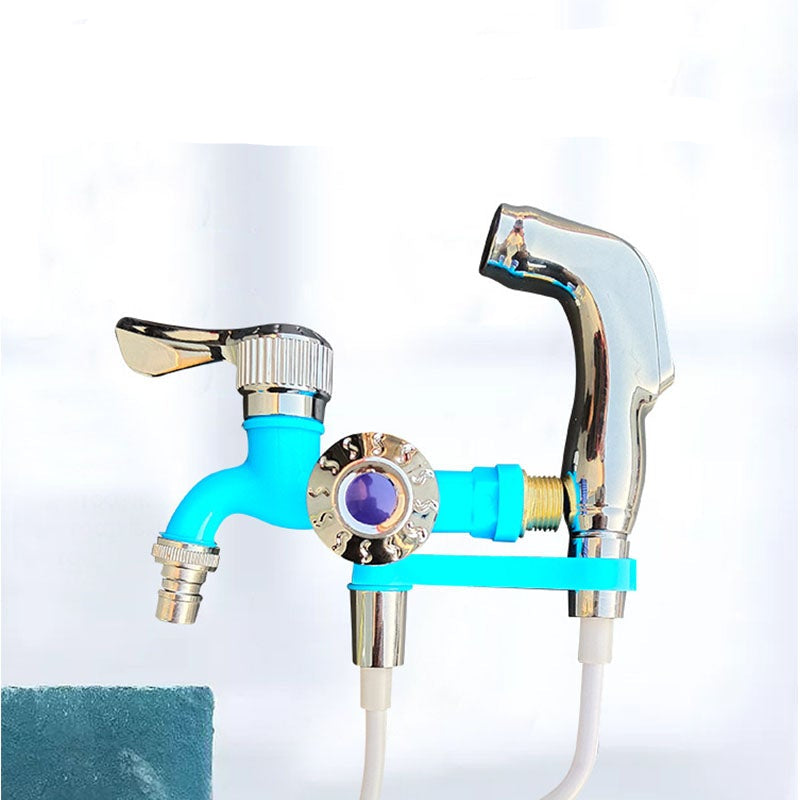 Fitlybuy ArcticFlow blue and chrome outdoor tap with dual frost protection and attached sprayer hose on white background.