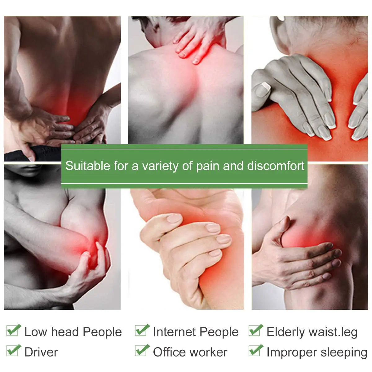 Fitlybuy herbal patches shown on bodies with red highlights indicating pain relief for back, neck, arm, and joints.