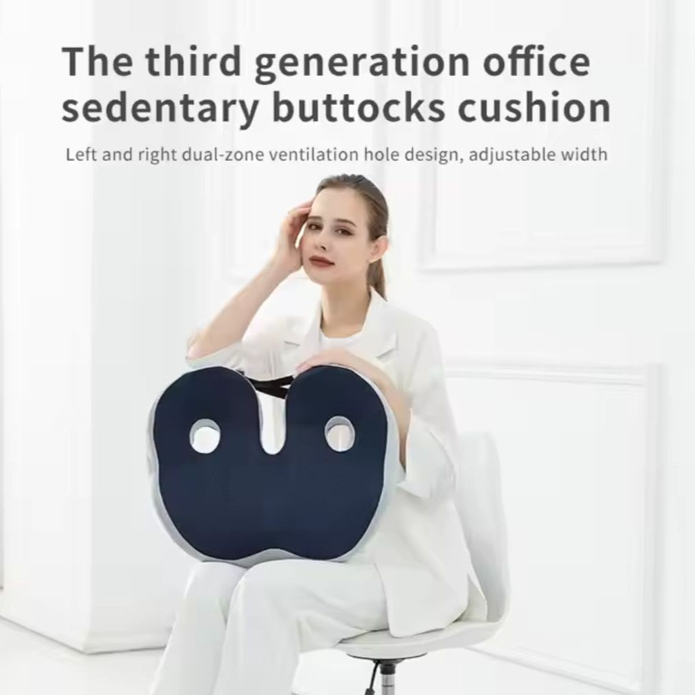 Woman holds a blue, ergonomic Fitlybuy sciatica cushion with dual ventilation holes for tailbone and hip support.
