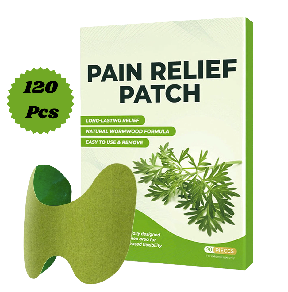 Fitlybuy natural herbal knee patches in white box, with 120-piece label and green wormwood pain relief patches.