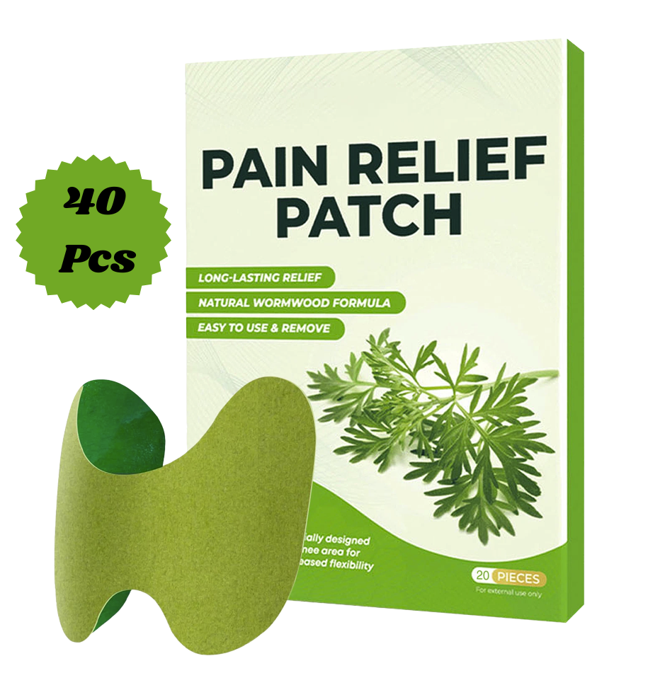 Fitlybuy 40-piece natural wormwood knee pain relief patches in green packaging with ergonomic design.