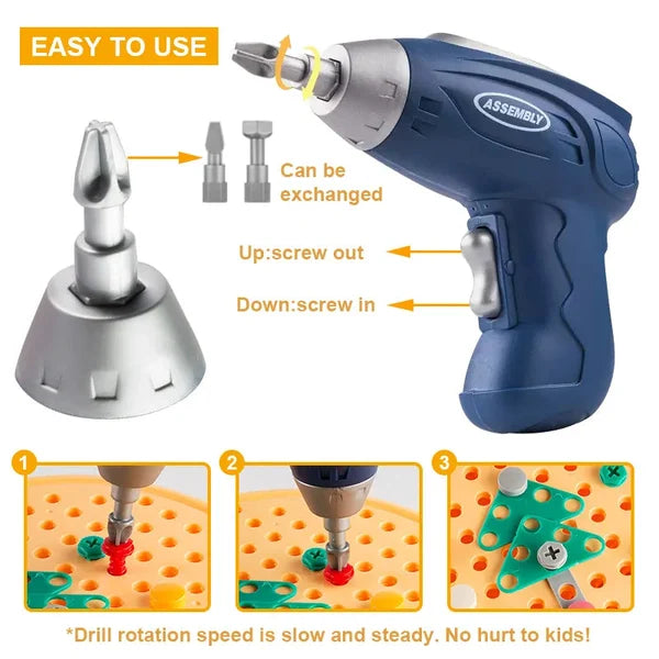Blue Fitlybuy Montessori toy power drill with interchangeable bits, reversible trigger, and kid-safe assembly diagrams.