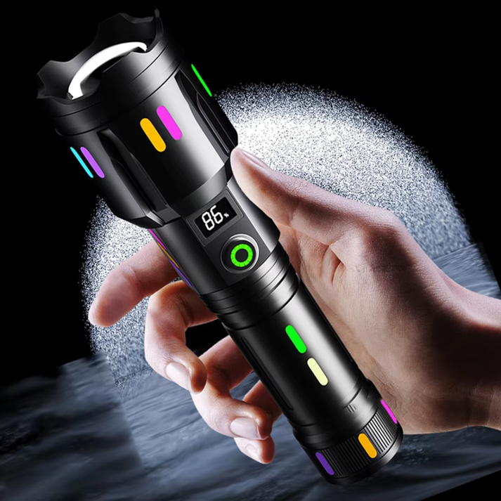 Fitlybuy TacticalPro 9000: Black tactical LED flashlight with digital battery display held by hand against black background.