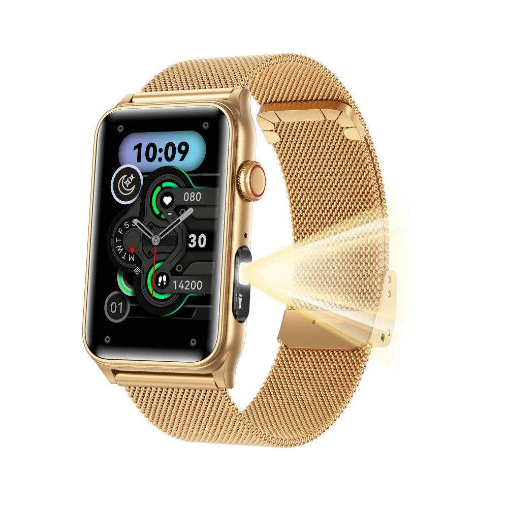 Fitlybuy Kexi-Life gold smartwatch with mesh band, flashlight feature, and health monitoring digital display.
