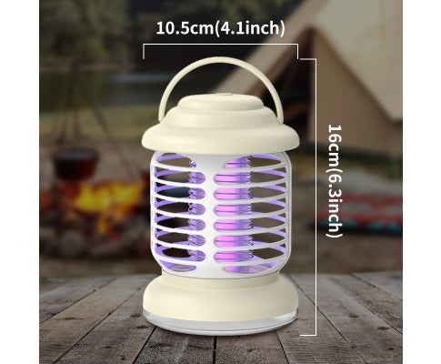 Cream-colored Fitlybuy portable bug zapper lantern with purple light grid, shown with dimensions in a campsite setting.