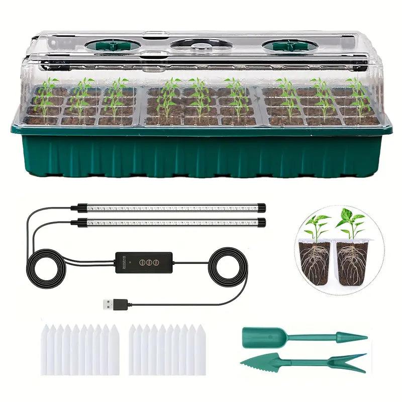 Fitlybuy 36-cell indoor seed starter kit with humidity dome, LED grow lights, plant tags, and gardening tools.