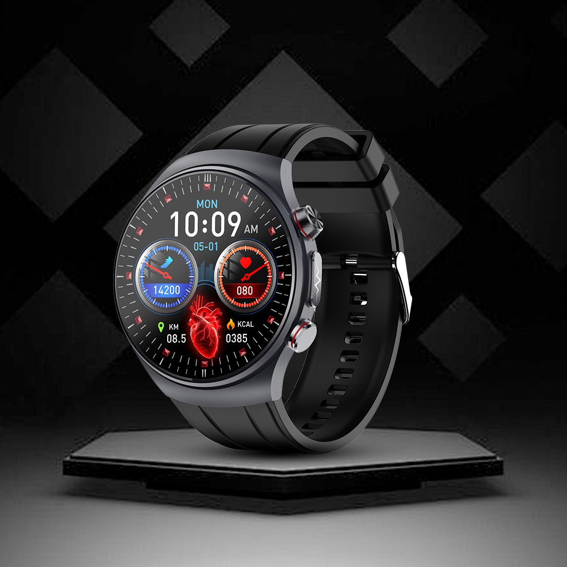 Fitlybuy Kexi-Life Pro 10 black smartwatch with a round touchscreen displaying heart rate and fitness health data.