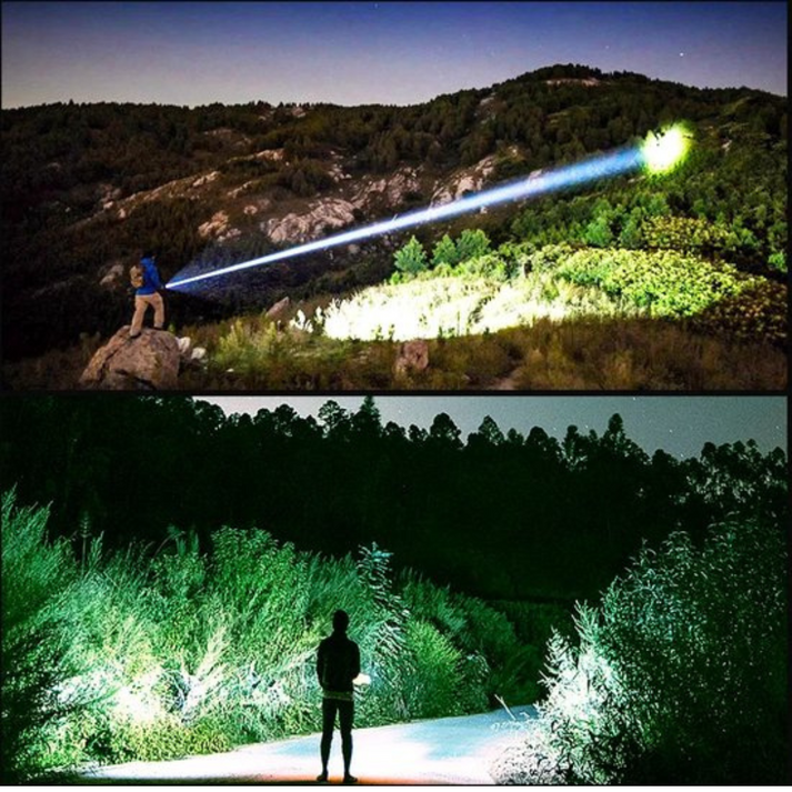 Fitlybuy TacticalPro 9000: A powerful black LED flashlight casting a long, ultra-bright beam across a dark landscape.
