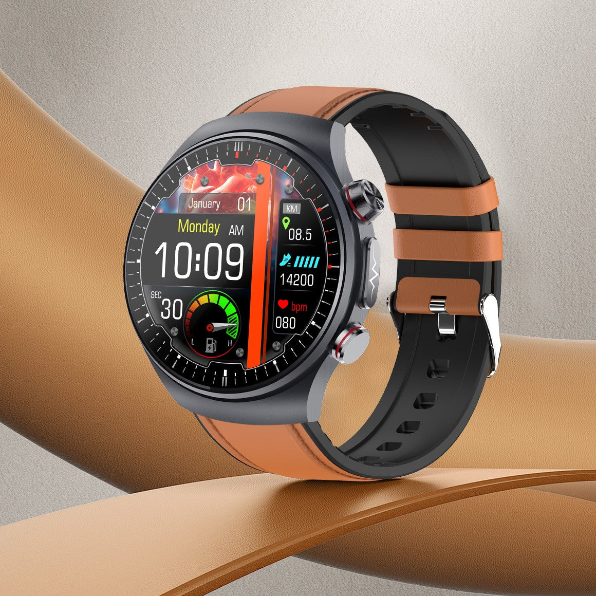 Fitlybuy Kexi-Life Pro 10 smartwatch with black case, brown leather strap, and digital health monitoring display.