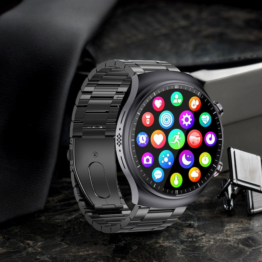 Fitlybuy Kexi-Life Pro 10 black smartwatch with a metal link band and colorful app icon display on a marble surface.