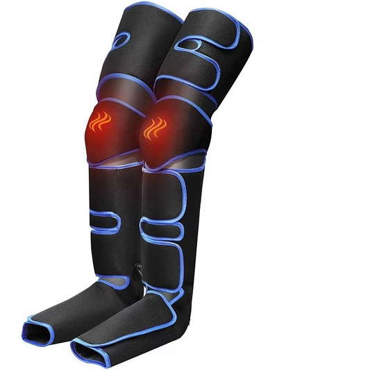 Fitlybuy black leg massagers with blue trim, featuring air compression and heated knee zones on a white background.