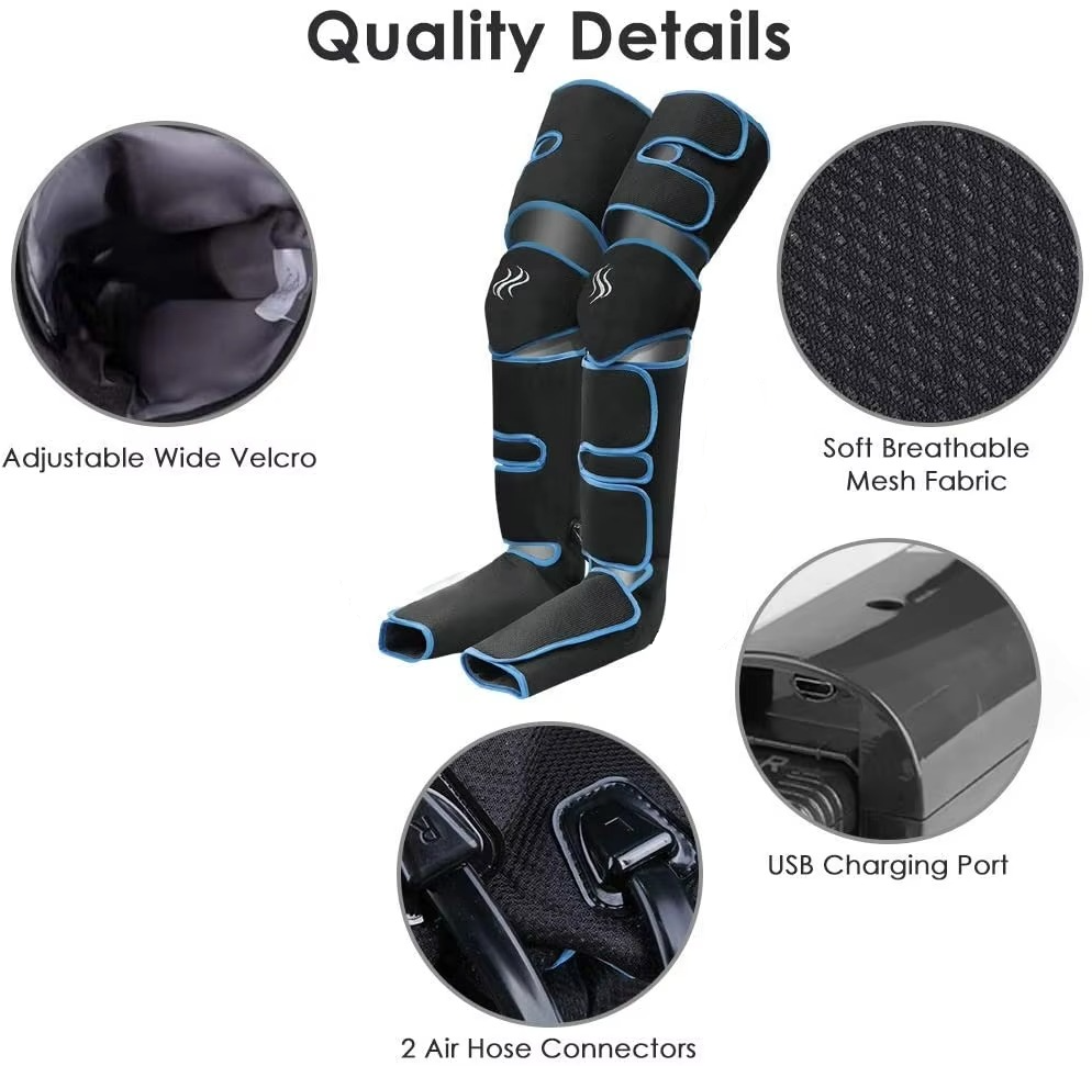 Fitlybuy black leg massagers with blue trim, featuring velcro, mesh fabric, USB charging, and air hose connectors.