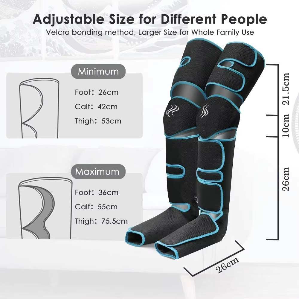 Black and blue Fitlybuy air compression leg massagers with adjustable Velcro straps and sizing measurements shown.