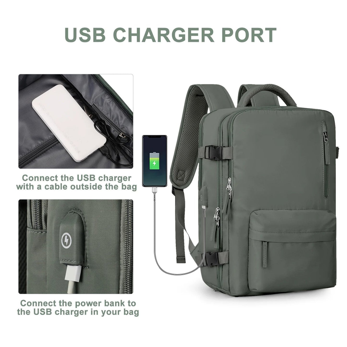 Olive green Fitlybuy travel backpack showing USB charging port details, cable connections, and storage features.