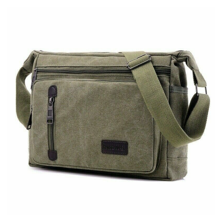 Olive green Fitlybuy TravelPro canvas shoulder bag with multiple zippered compartments and an adjustable strap.