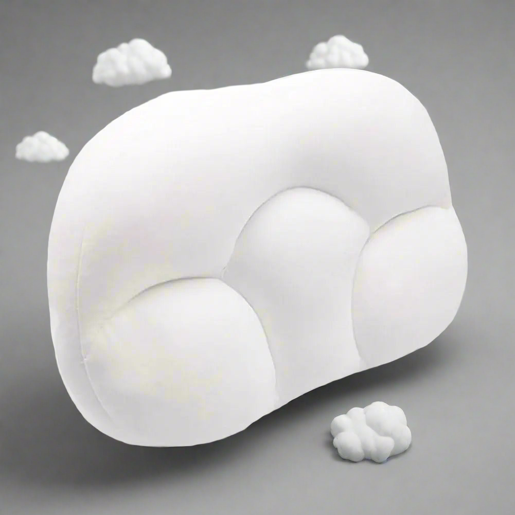 Fitlybuy 3D cloud-shaped white neck pillow with ergonomic foam against a gray background with small cloud accents.