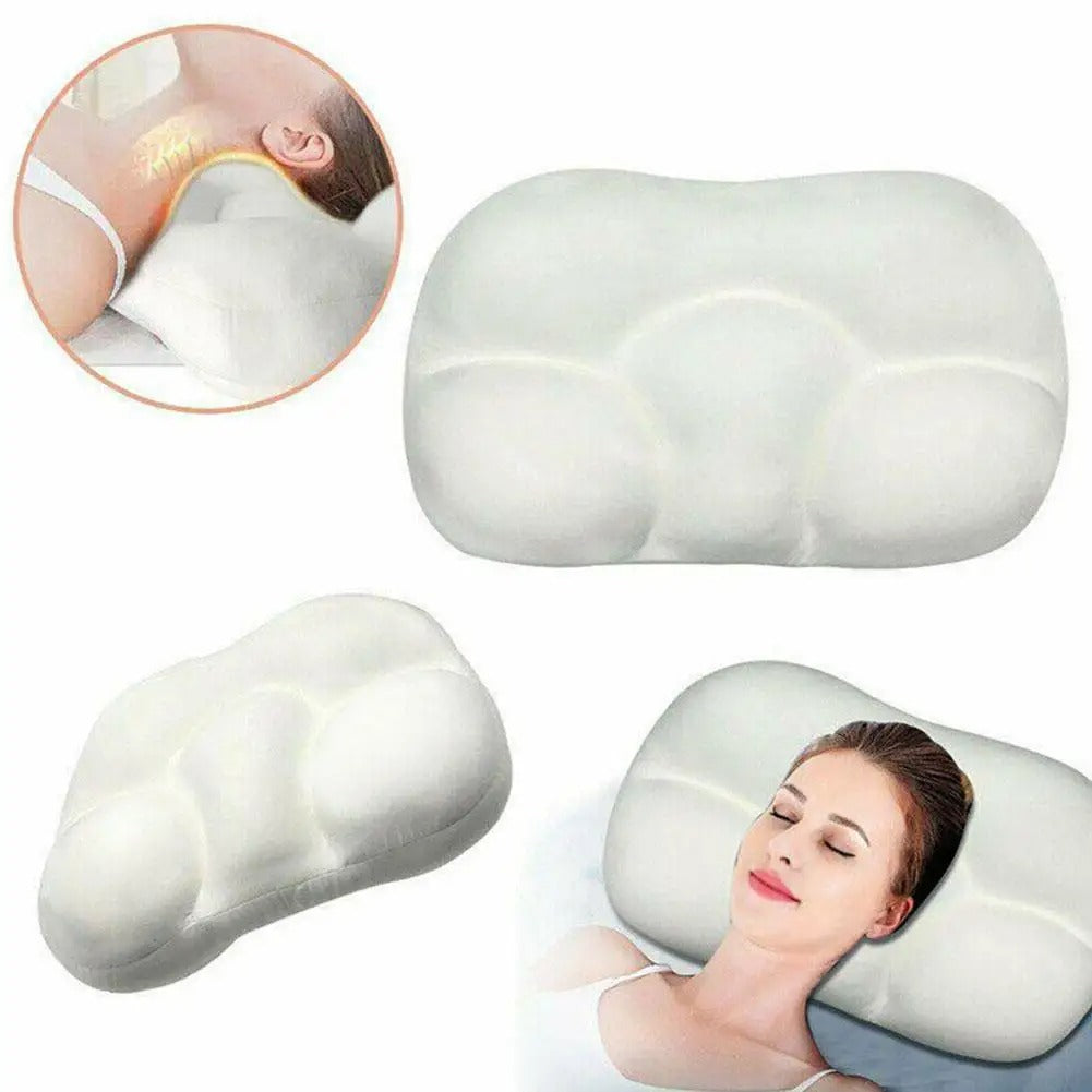 White Fitlybuy 3D cloud neck pillow with adaptive foam, shown in use for ergonomic neck and head support.
