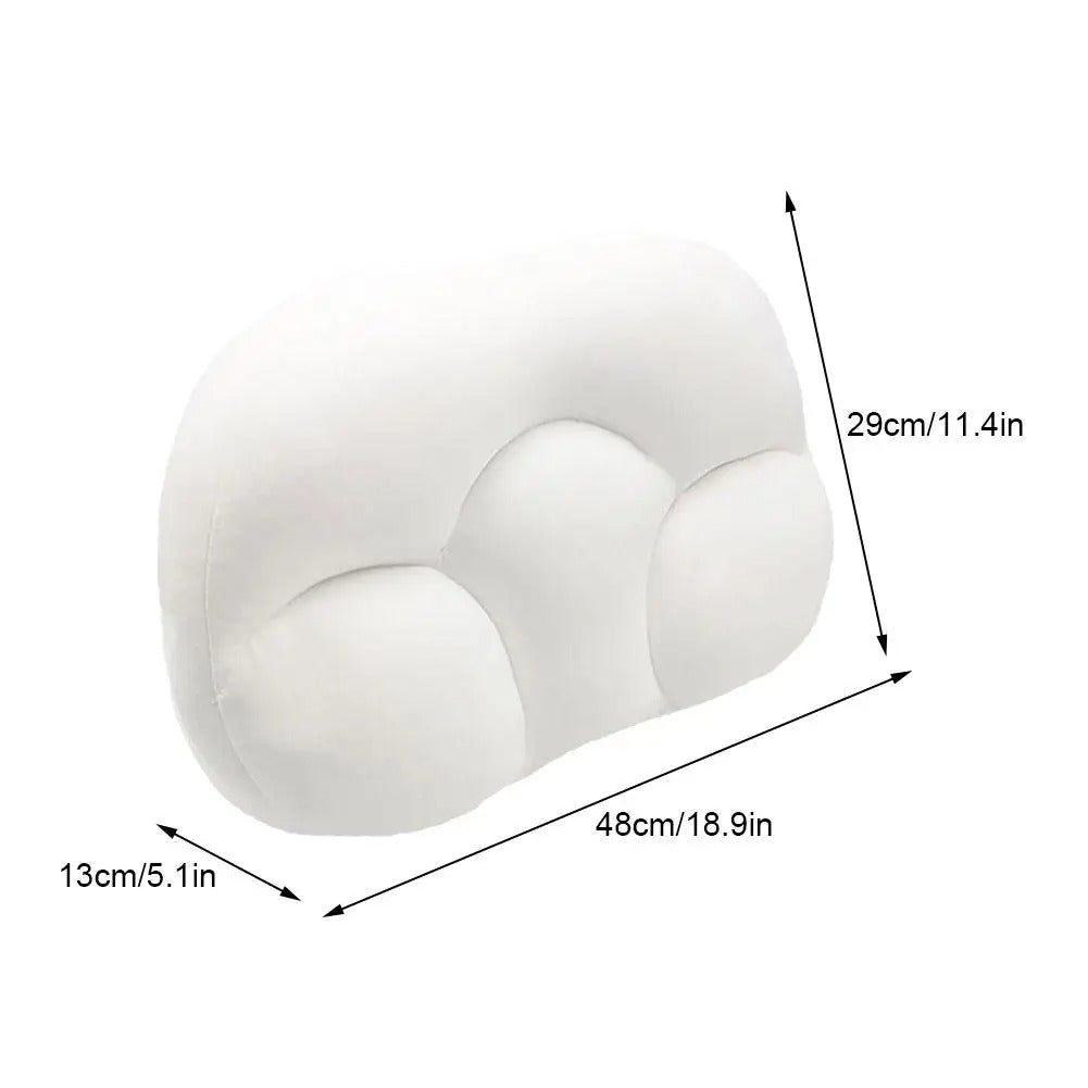 White Fitlybuy 3D cloud neck sleep pillow with ergonomic contours and dimension labels showing 48x29x13cm measurements.