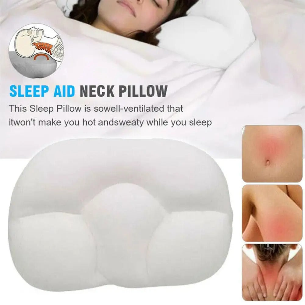 White Fitlybuy 3D cloud neck pillow with contoured foam design for ergonomic support and ventilated cooling comfort.