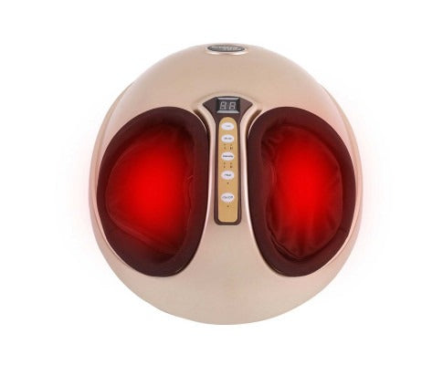 Fitlybuy 3D Shiatsu heated foot massager in champagne gold with digital display and red glowing massage pockets.