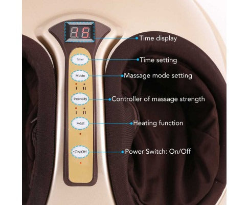 Fitlybuy 3D Shiatsu foot massager in gold and brown with labeled digital timer, intensity, heat, and mode buttons.