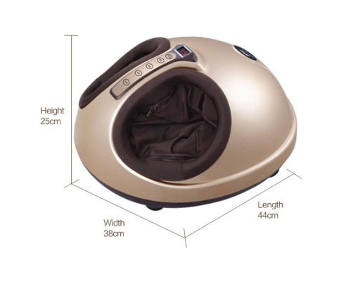 Gold and brown Fitlybuy 3D Shiatsu foot massager with control panel, showing dimensions of 44x38x25cm.