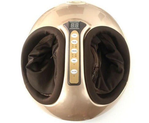 Fitlybuy gold 3D shiatsu foot massager with brown foot inserts and a central digital control panel on white background.