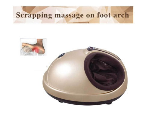Fitlybuy gold-colored 3D shiatsu foot massager with a dark brown interior, showing an arch-scraping massage demonstration.