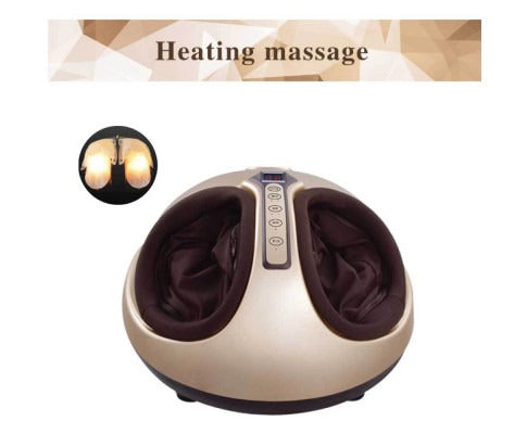 Fitlybuy gold and brown 3D Shiatsu foot massager with central control panel, featuring a heating massage function.