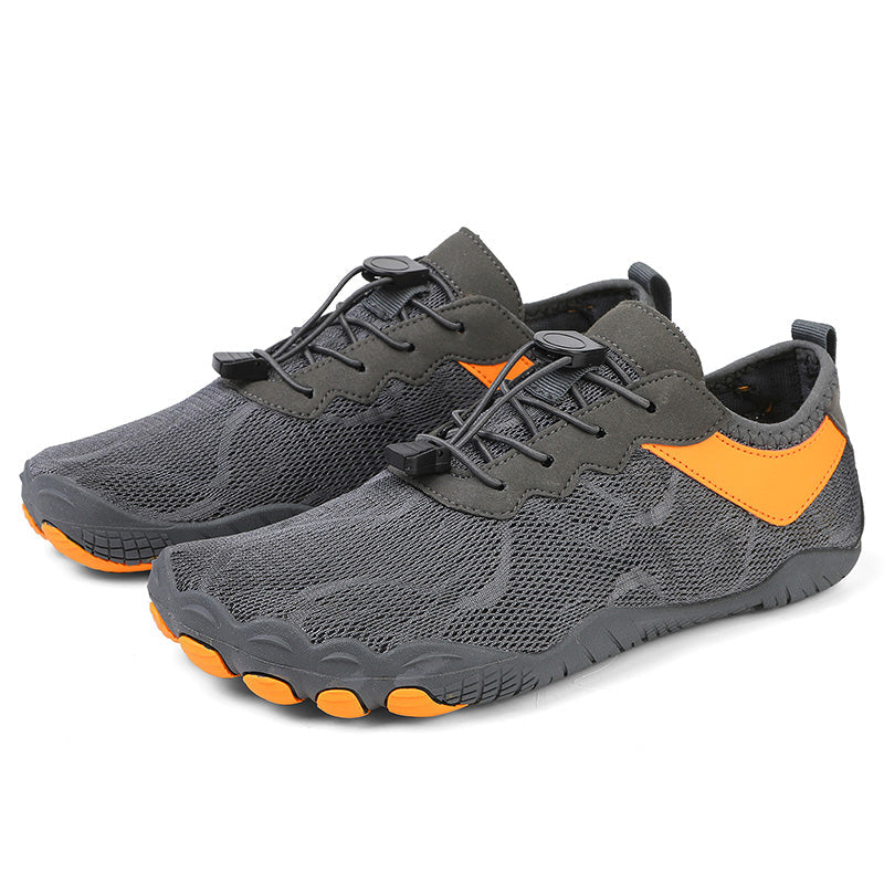 Fitlybuy AquaStep grey and orange unisex water shoes with breathable mesh, quick-lace system, and non-slip tread.