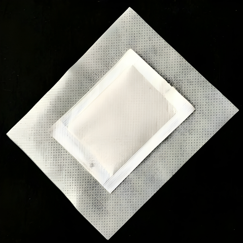 Fitlybuy Bamboo Foot Detox Patch: white rectangular adhesive pad with textured backing, set against a black background.