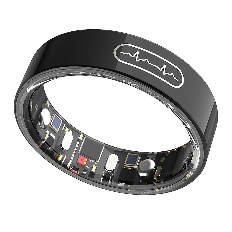 Black Fitlybuy R09 health smart ring featuring an EKG pulse icon and visible interior health monitoring sensors.