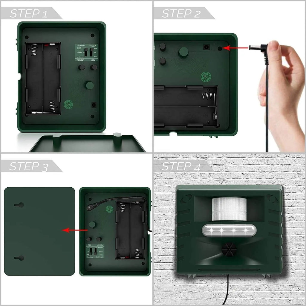Four-step installation guide for green Fitlybuy ultrasonic woodpecker repeller with battery and power cord options.