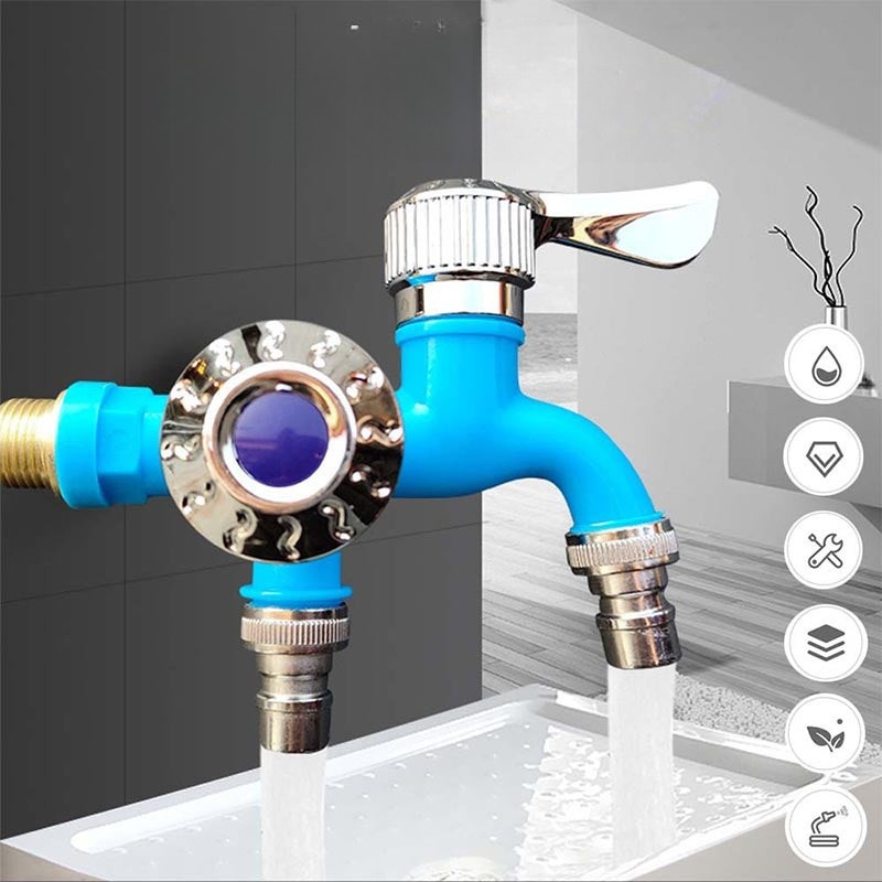 Blue Fitlybuy ArcticFlow dual-outlet outdoor tap with chrome accents, shown dispensing water into a basin.