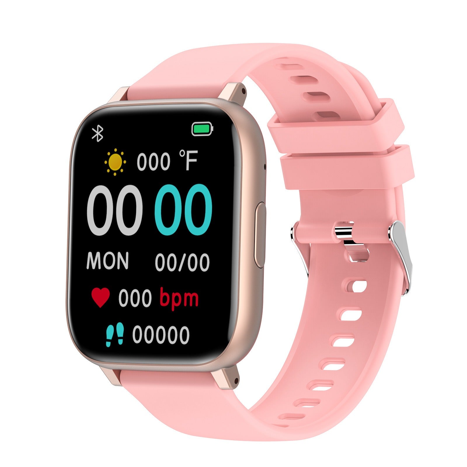 Fitlybuy Kexi-Life smartwatch in rose gold with a pink silicone strap, showing health tracking UI on a black display.