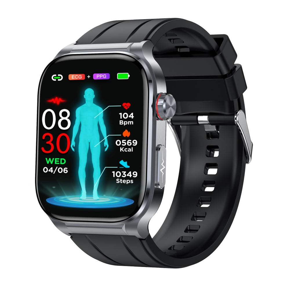 Fitlybuy Kexi-Life Pro 9 smartwatch with black band, metallic casing, and health monitoring display.