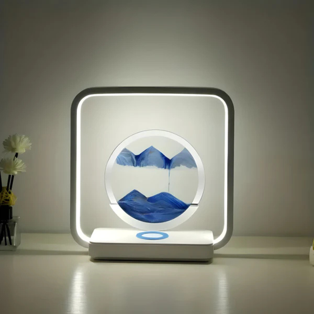Fitlybuy SandAura LED night lamp with a square frame, circular blue flowing sand art display, and white light.