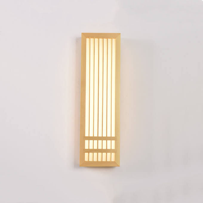 Rectangular Japanese wooden LED wall lamp with ZenGlow warm ambient light, mounted on a plain white wall.
