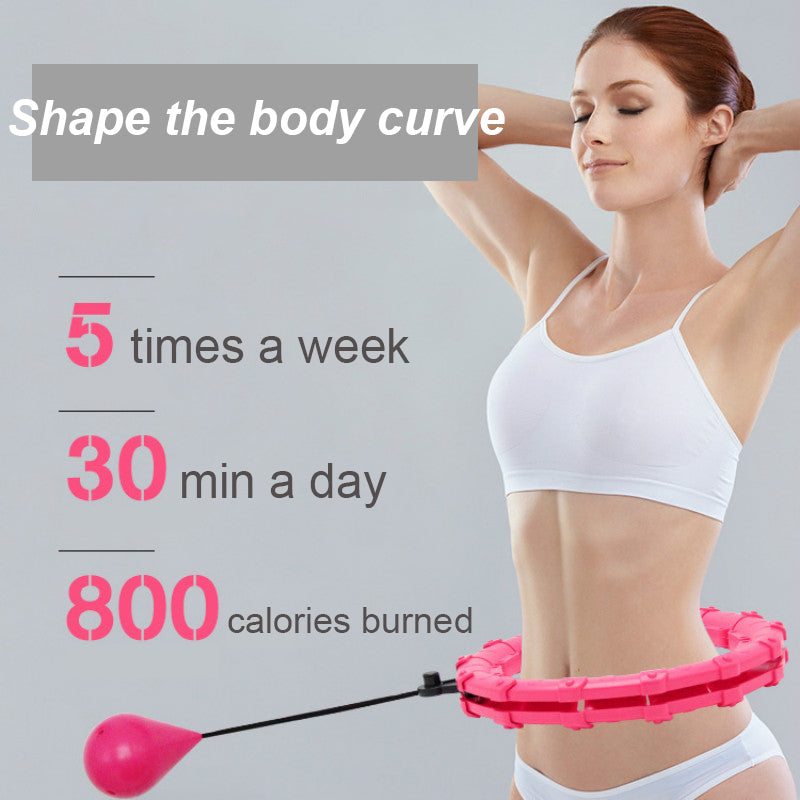 Fitlybuy smart hula hoop in pink with weighted ball, shown on a woman with fitness stats overlay.