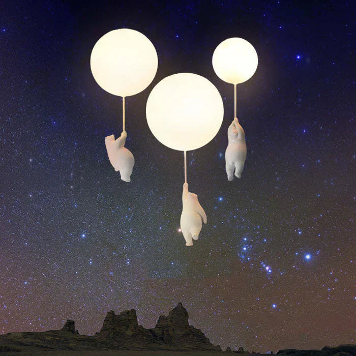 Fitlybuy CloudBear LED ceiling light: Three white bear figures hanging from glowing balloon pendants against a starry sky.