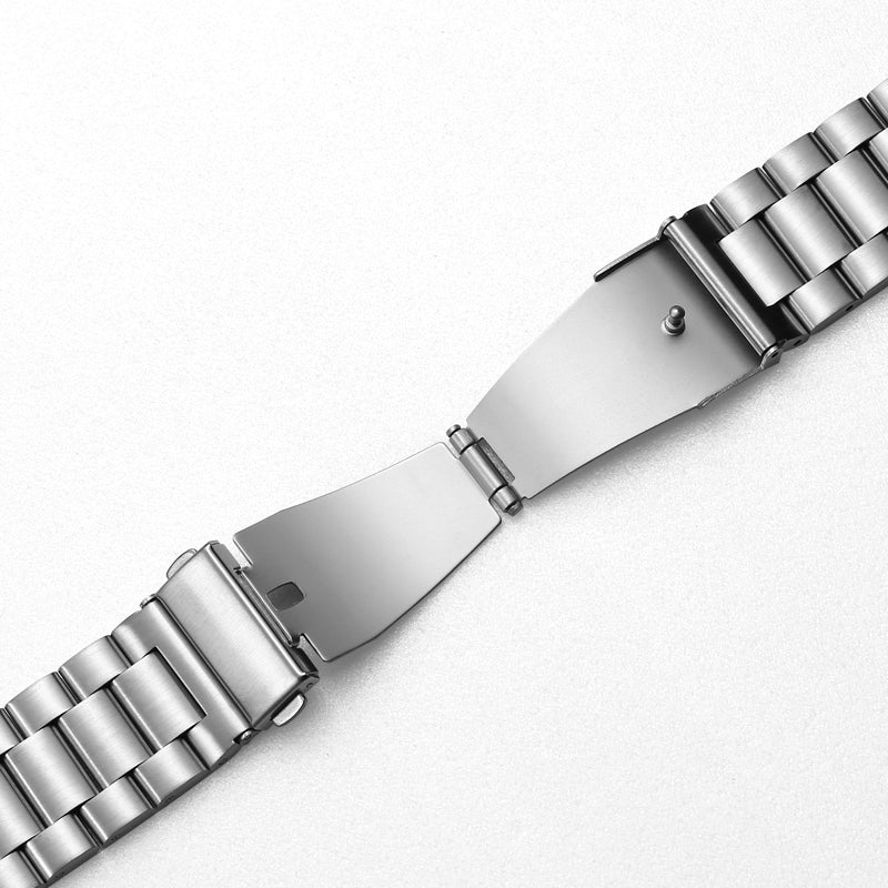 Silver stainless steel watch band with a brushed finish, featuring a secure deployment clasp and quick-release links.