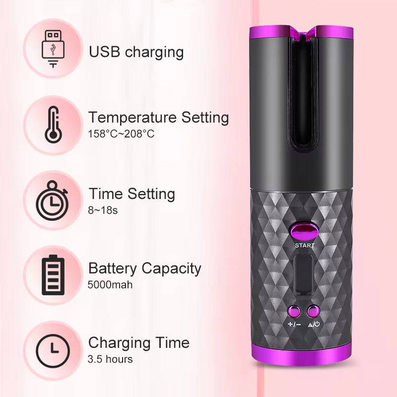 Fitlybuy Amara wireless curling iron in grey/purple with UI features like USB charging, temp, and time settings shown.