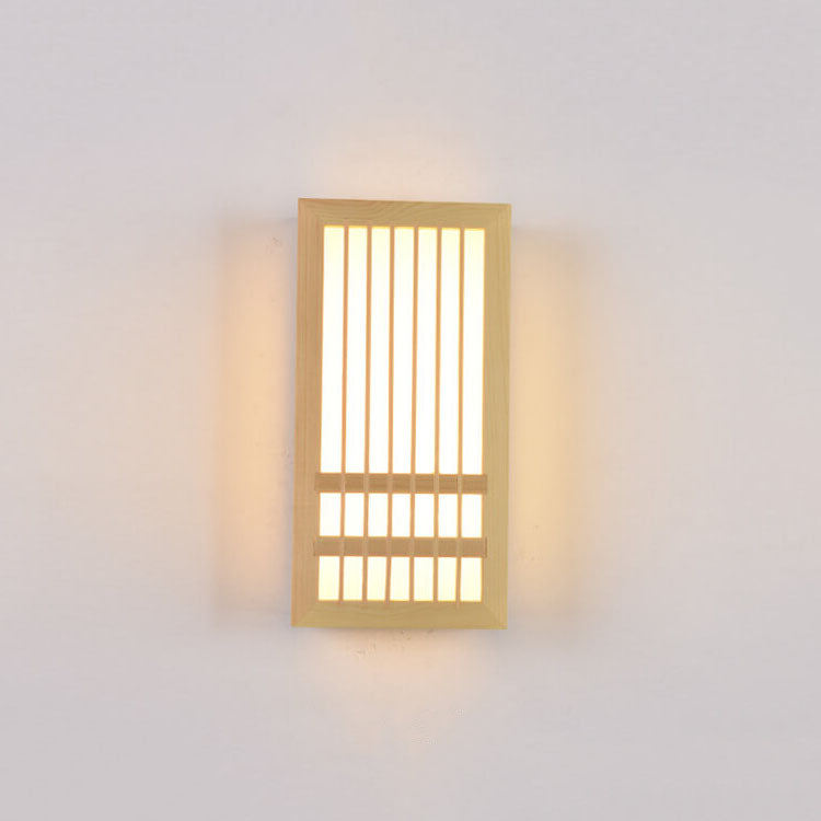 Fitlybuy ShizuLight rectangular wooden wall lamp with ZenGlow warm LED lighting, mounted on a plain white wall.