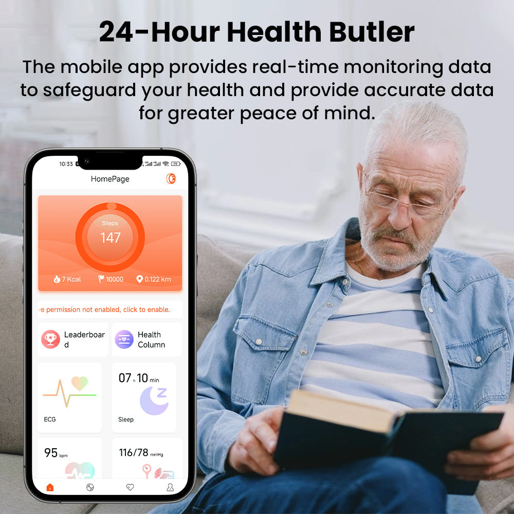 Senior man reading while a smartphone displays the Fitlybuy R08 health app tracking ECG, BP, and steps.